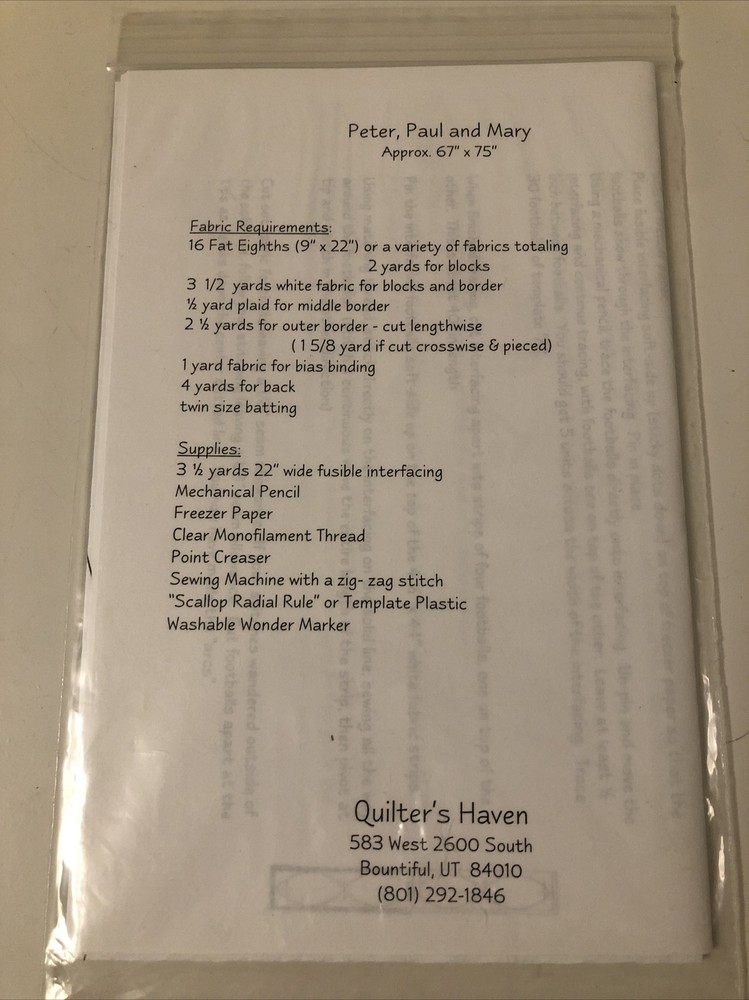 Quilt Pattern: Peter Paul & Mary, 67" x 75" by Quilter's Haven Pattern