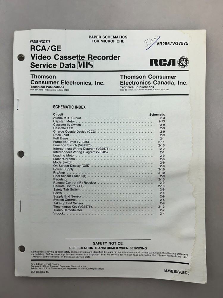RCA VR285 VG7575 Original Schematics Free Shipping
