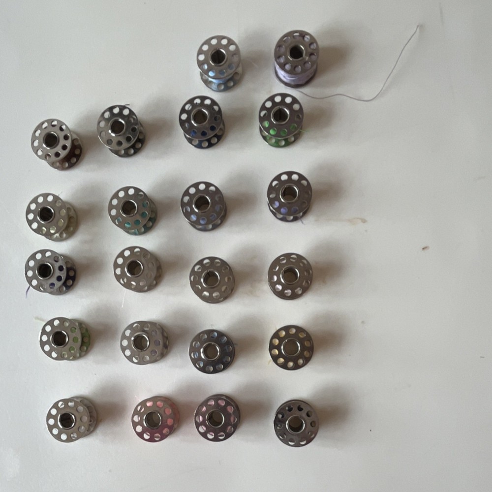 Metal Sewing Machine Bobbins Lot w/ Thread, Assorted Colors