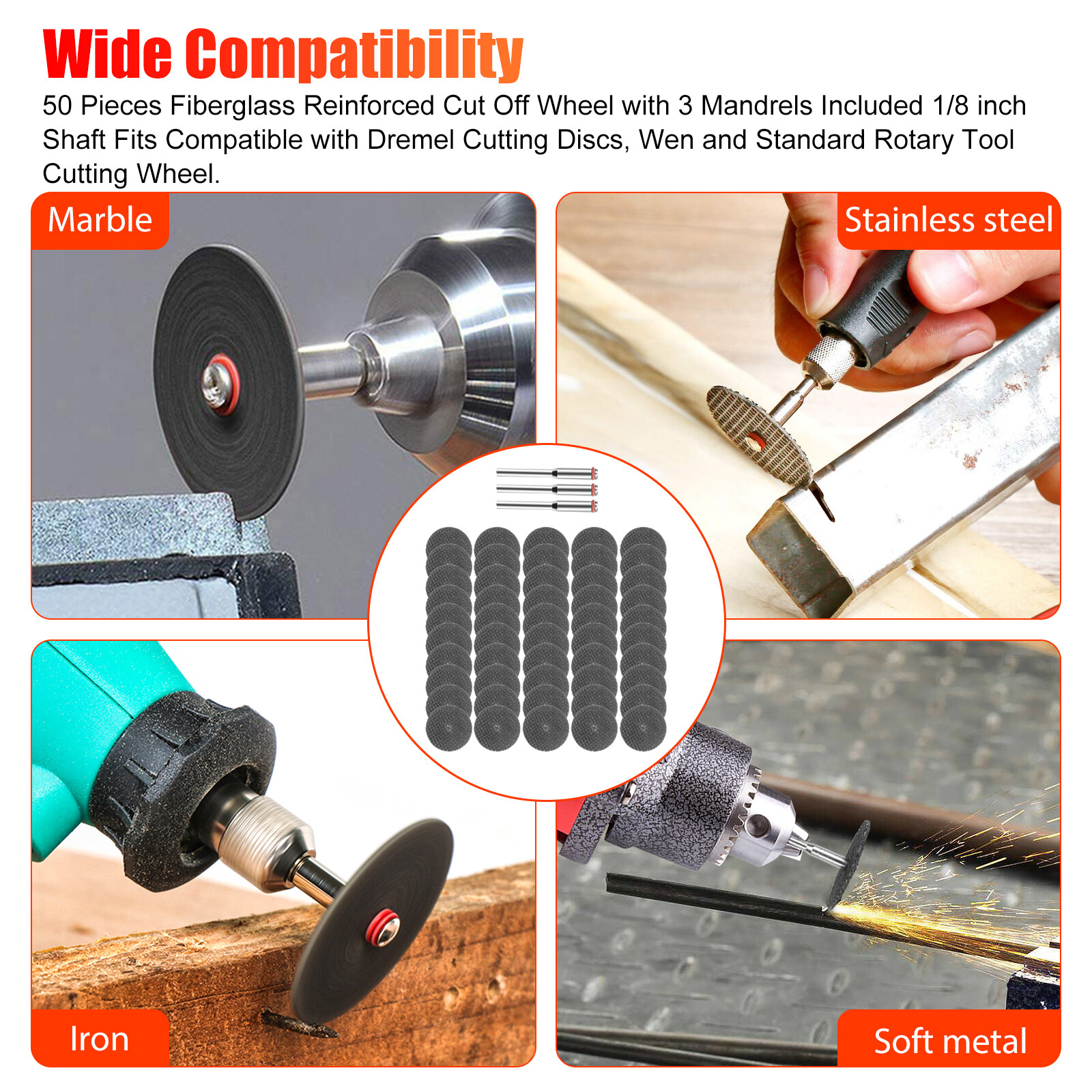 110x Fiberglass Metal Cut Off Wheel Rotary Disc w/3Pcs 1/8" Mandrel f or Dremel