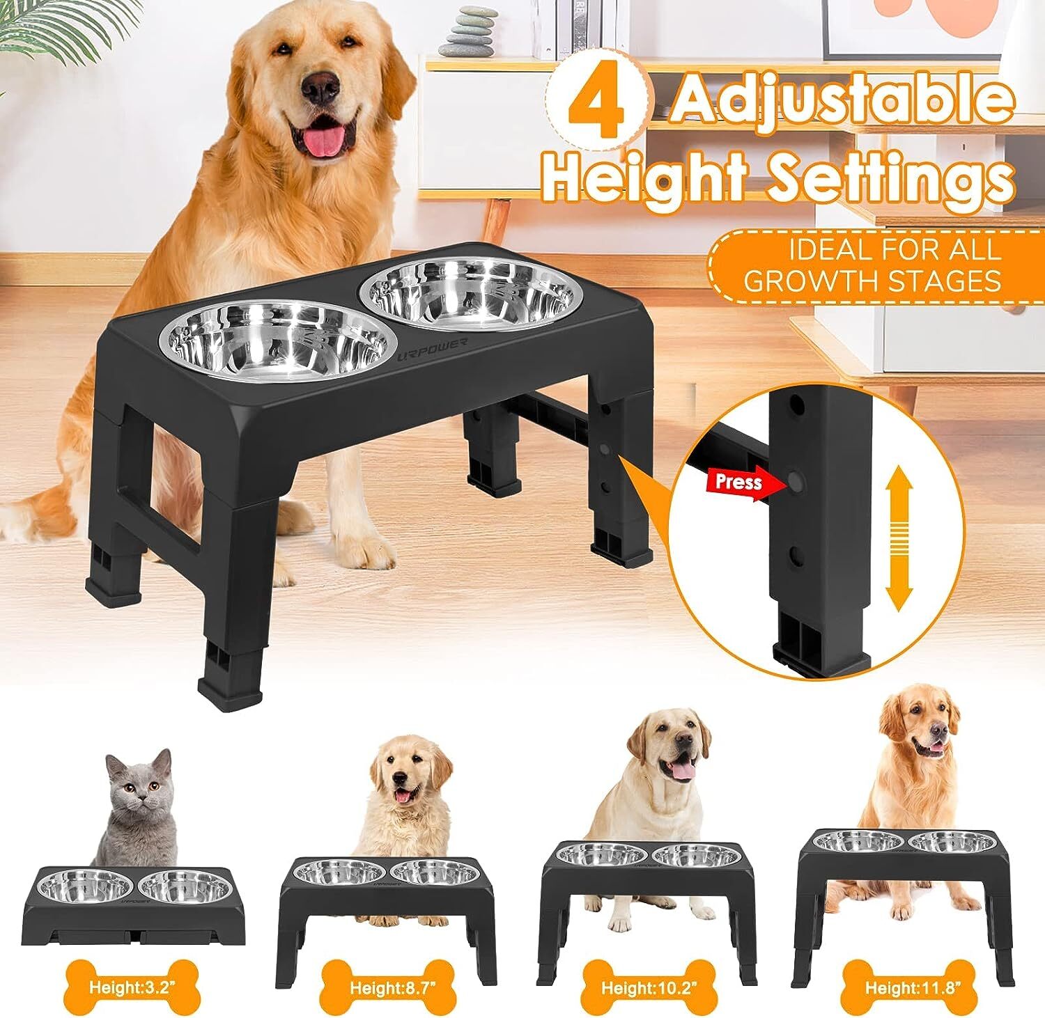 Elevated Dog Bowl Pet Feeder Stainless Steel Raised Food Water Stand w/ 2 Bowls