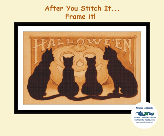 Vintage Halloween Scene # 307 Pumpkin Witch Hat Counted Cross Stitch Pattern