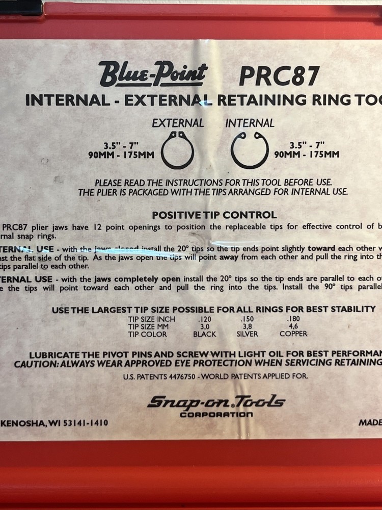 Blue Point PRC87 Retaining Ring Tool W/ Auto Lock Internal External W/ Case