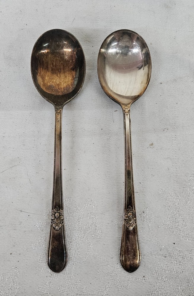 PAIR Antique 1847 Rogers Bros ADORATION Silverplate SOUP SPOONS