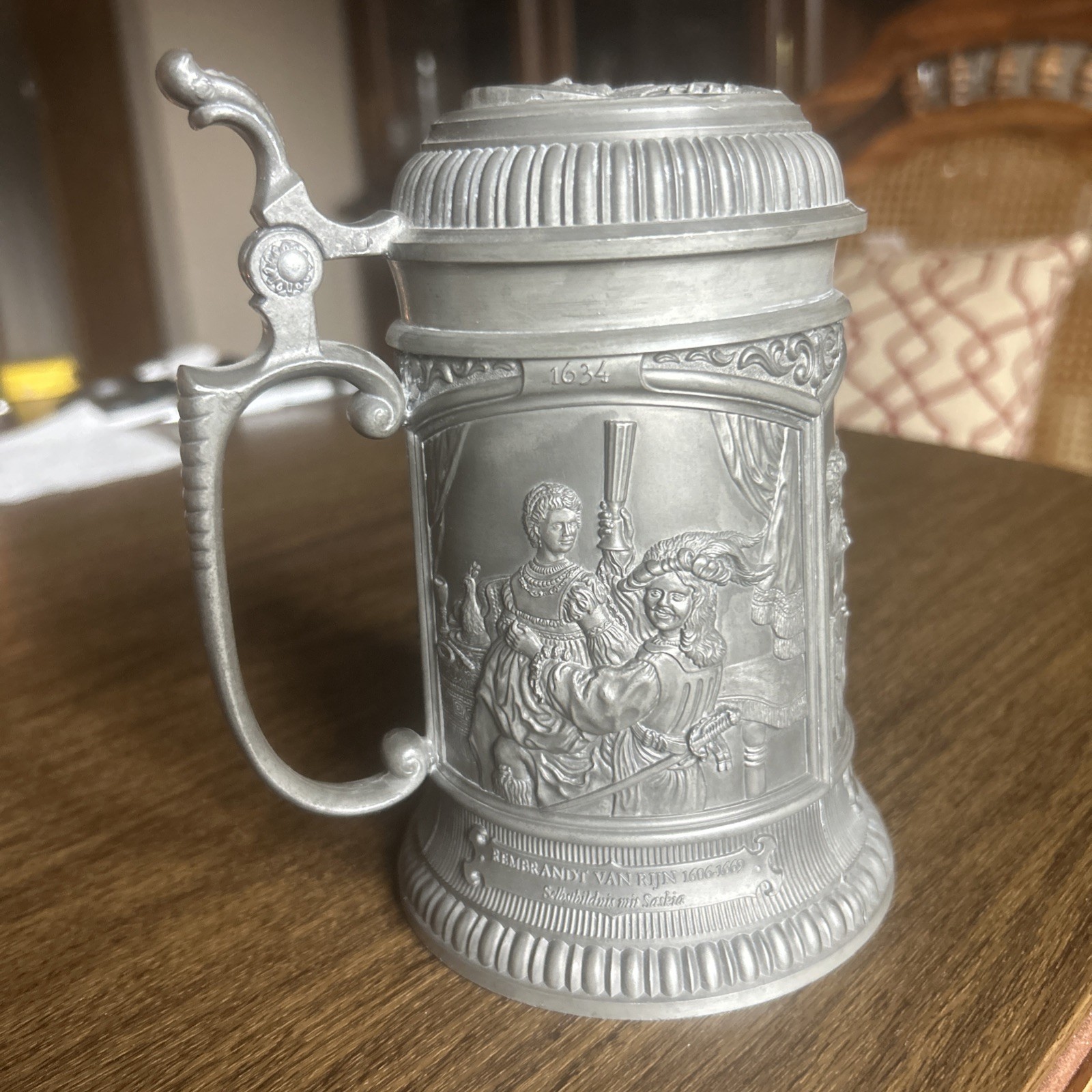 Vintage ceramic German stoneware beer mug with tin cap