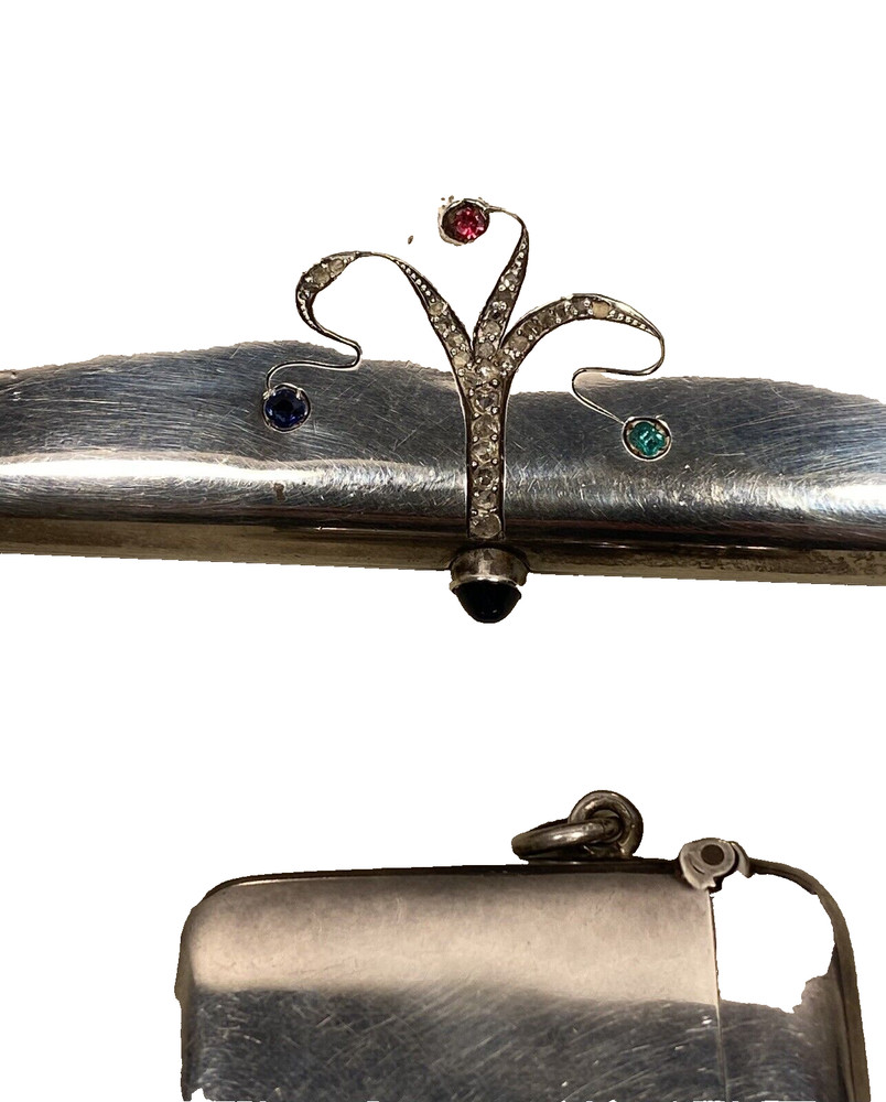 Antique Silver Diamond Emerald Ruby Cigarette Box Case Matchsafe