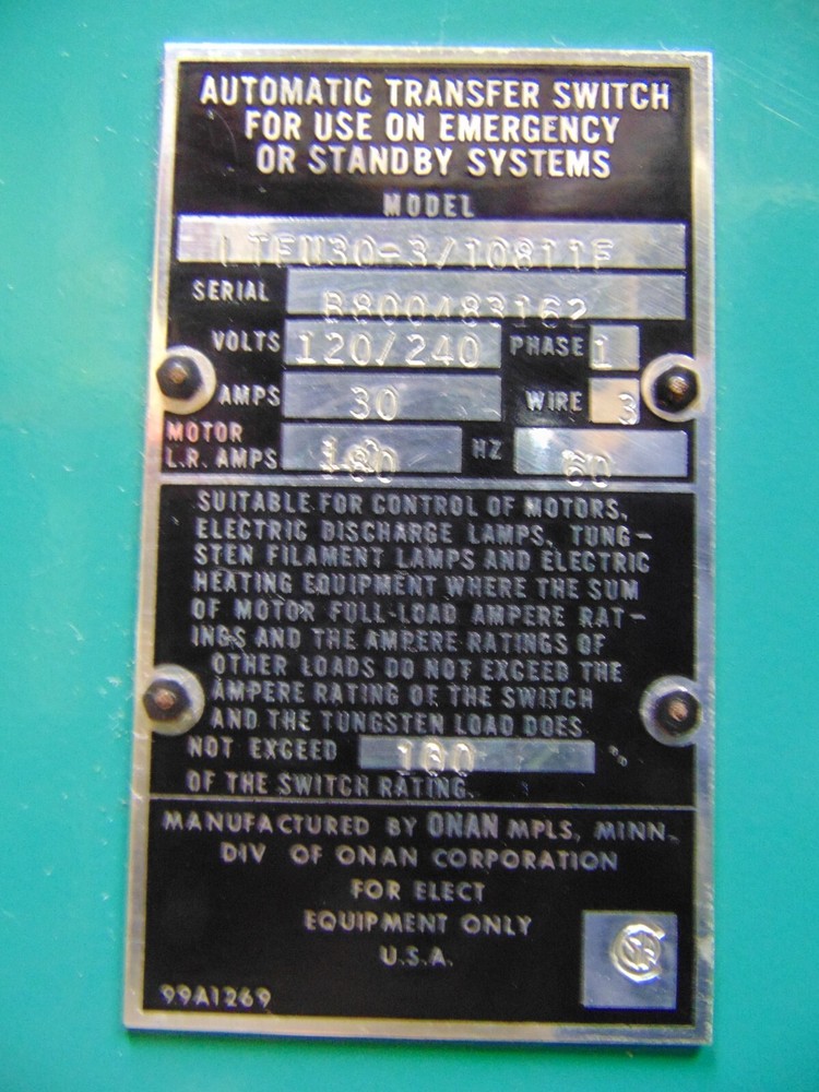 ONAN Automatic Transfer Switch 62C 7598