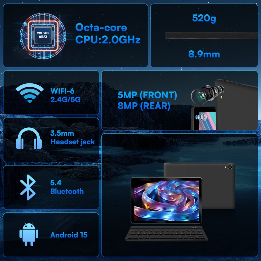 10.1'' Android 15 Tablet LCD Touchscreen Octa-Core 24GB+128GB WIFI 6 Bluetooth