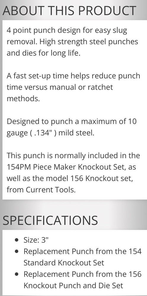 CURRENT TOOLS 1568 STD ROUND 3 INCH KNOCKOUT PUNCH, 4 POINT, HSS