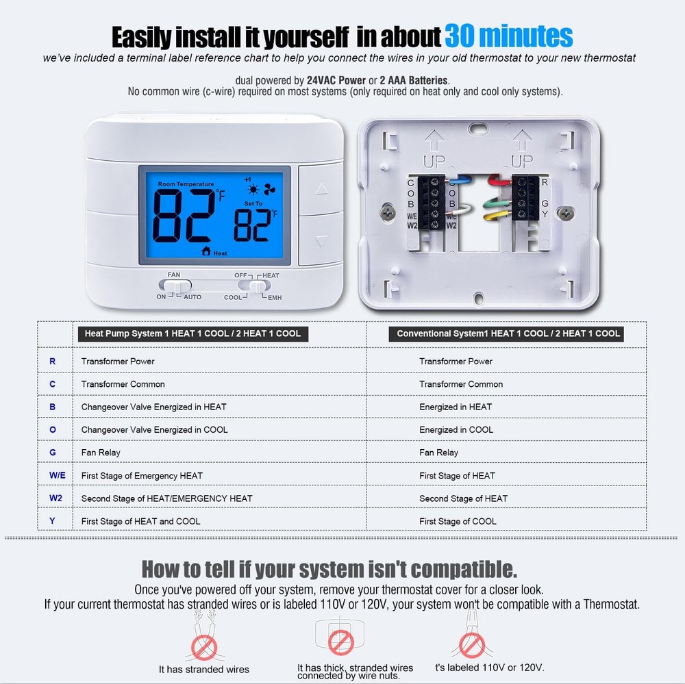 Thermostat Non Programmable Heat Pump for House Blue Backlight