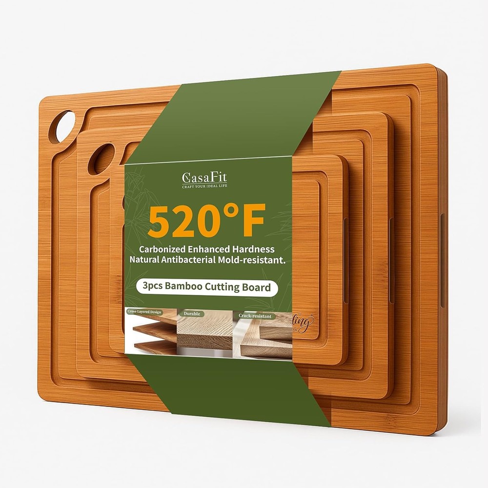 3-Piece Organic Bamboo Cutting Board Set Kitchen Carbonized Extra Sturdy