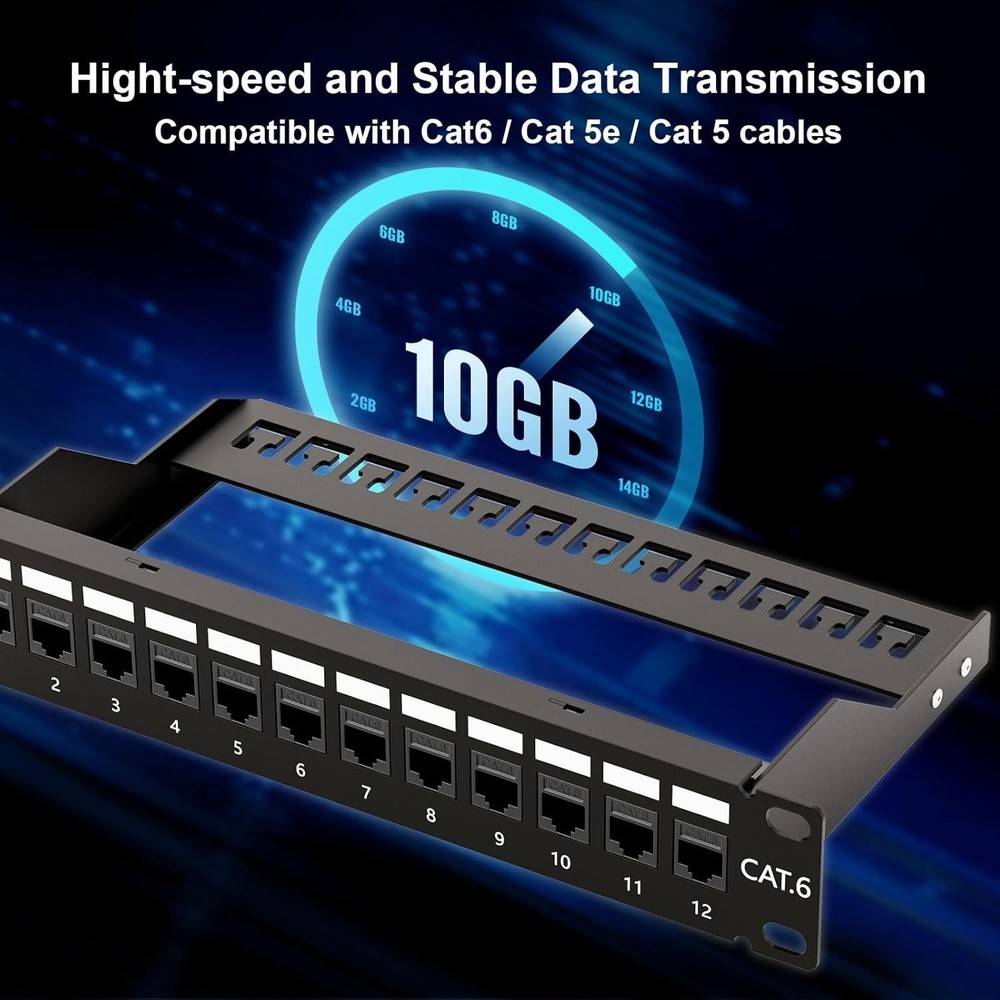 10Gbps Patch Panel 12 Port, 10-Inch Through Coupler RJ45 Cat6 Patch Panel wit...