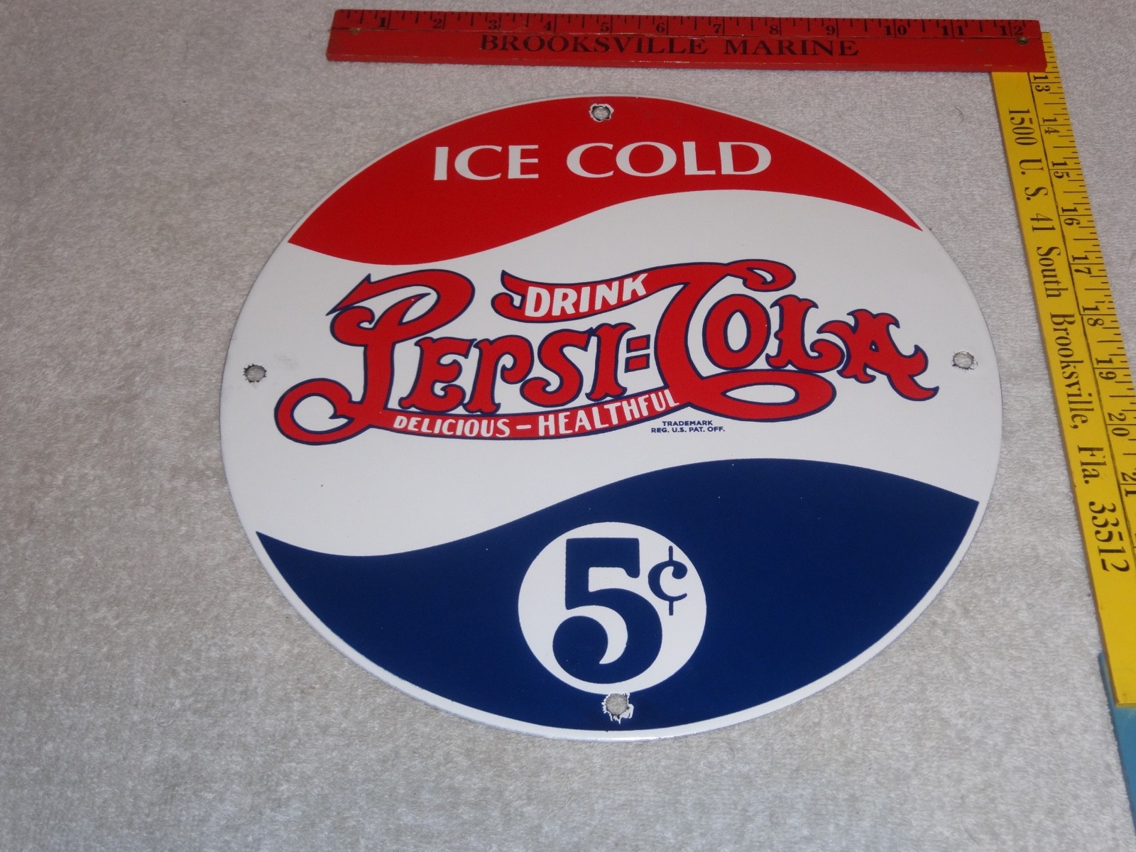 VINTAGE DRINK PEPSI COLA 5 CENTS! 11 3/4" PORCELAIN METAL SODA GASOLINE OIL SIGN