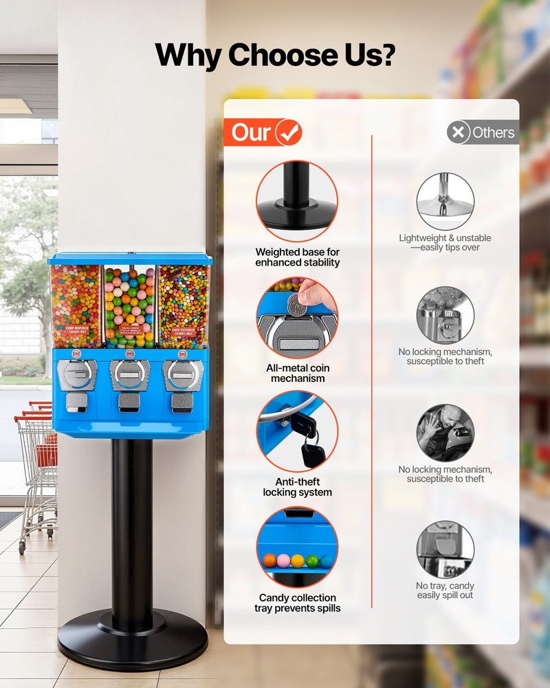 VEVOR Candy Vending Machine Triple Compartment Candy Vending Machine with Stand