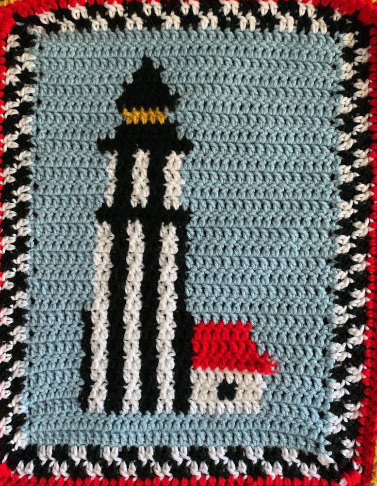 Handmade Nautical Theme Multicolored Lighthouse Patten Crochet Throw Blanket