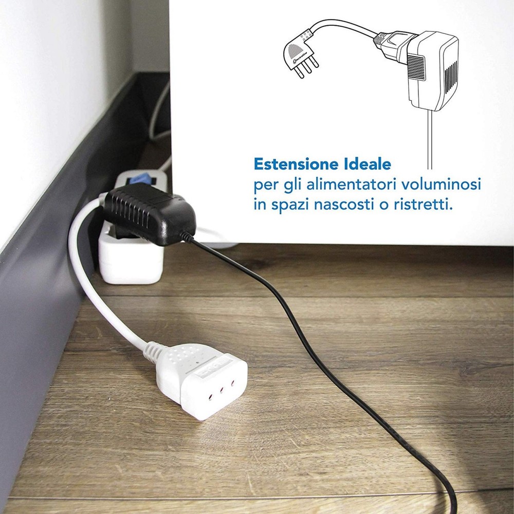 Mini Space Saving Extension Small Plug 10A Cable 20 Cm White Electraline 46005