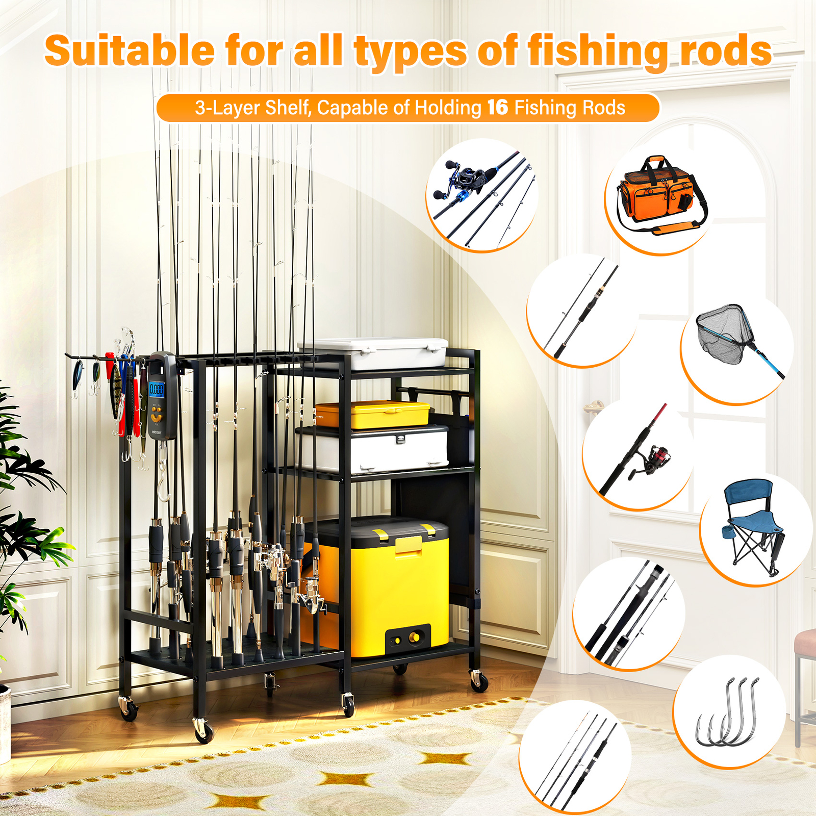 TC-HOMENY 16Rod Fishing Rod Holder Rack Fishing Gear Equipment Tackle Organizer