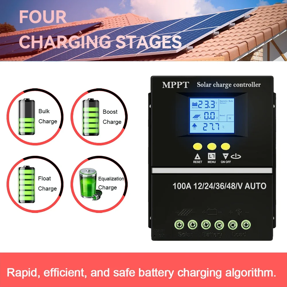 100A MPPT 12V/24V/36V/48V Solar Panel Charge Controller Regulator DC Dual-USB