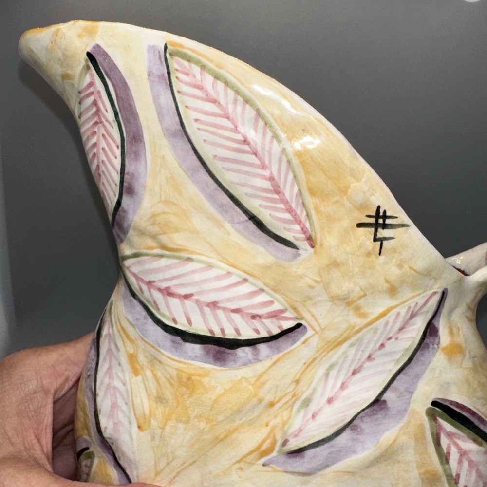 VINTAGE MCM SIGNED ITALIAN? HAND PAINTED POTTERY PITCHER LEAF PATTERN