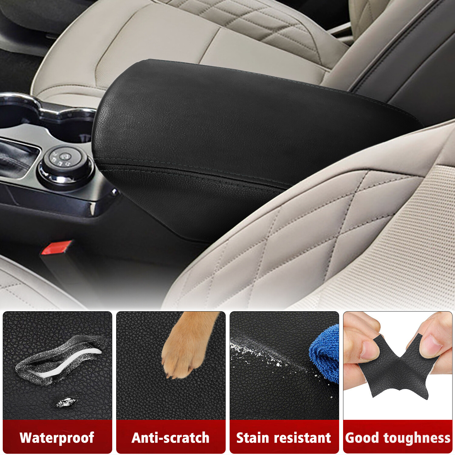 Fits 2011-2019 Ford Explorer Center Console Lid Armrest Leather Cover Trim Black