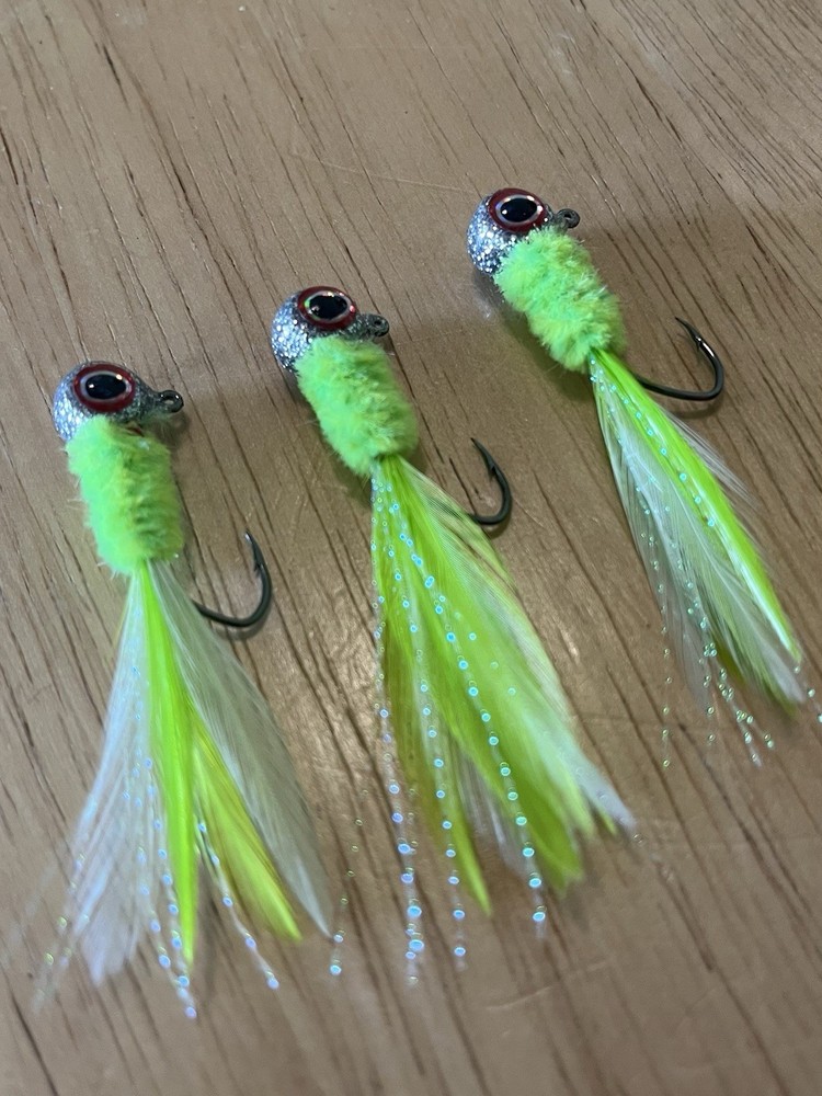 Three hand tied 1/8 crappie jigs