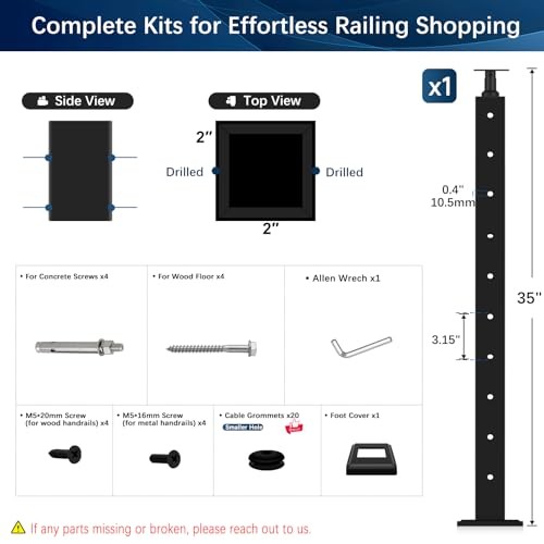 Cable Railing Post, Adjustable Top Level Drilled Railing Line 36" 1 Level Post
