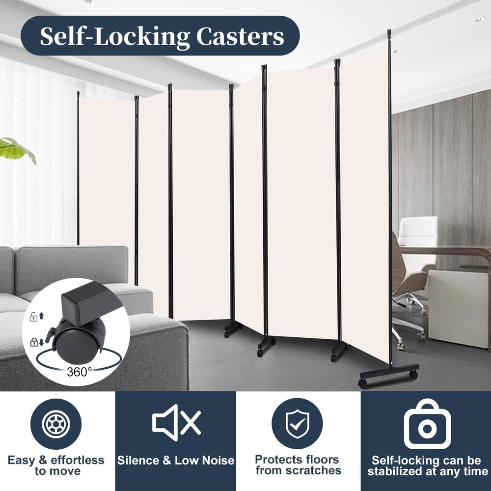 Folding Room Divider with Lockable Wheels - 132'' Privacy Screen Panel