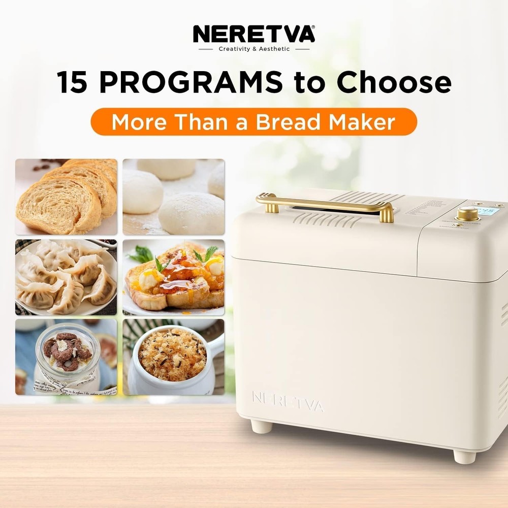 Neretva Bread Machine, 2.2LB 15-In-1 Bread Maker, Dual Heater Breadmaker Machine