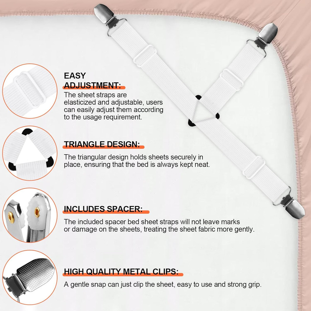 Adjustable 8 Pcs Bed Sheet Straps with Metal Clips - Non-Slip & Versatile