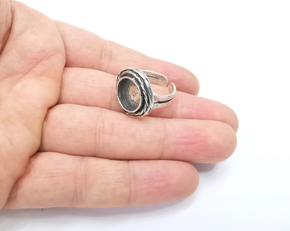 Round Blank Ring Adjustable Base Bezel Cabochon Antique Silver Plated Brass