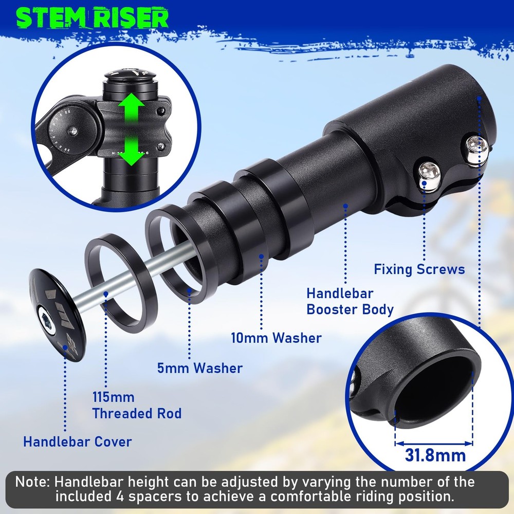 Bike Stem Riser & Adjustable MTB Bicycle Stem, Universal 31.8mm black Medium