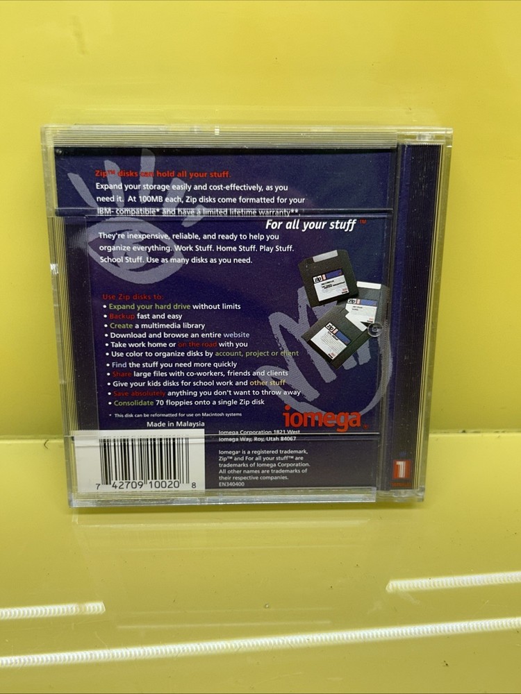 Iomega Zip Disk PC100 IBM Single Diskette 100MB Storage Capacity w Original Case
