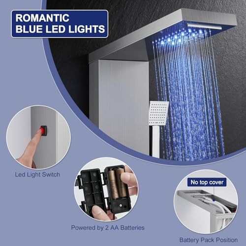 LED Shower Panel Tower System, Rainfall Waterfall 5 Modes-Brushed-2 Jets