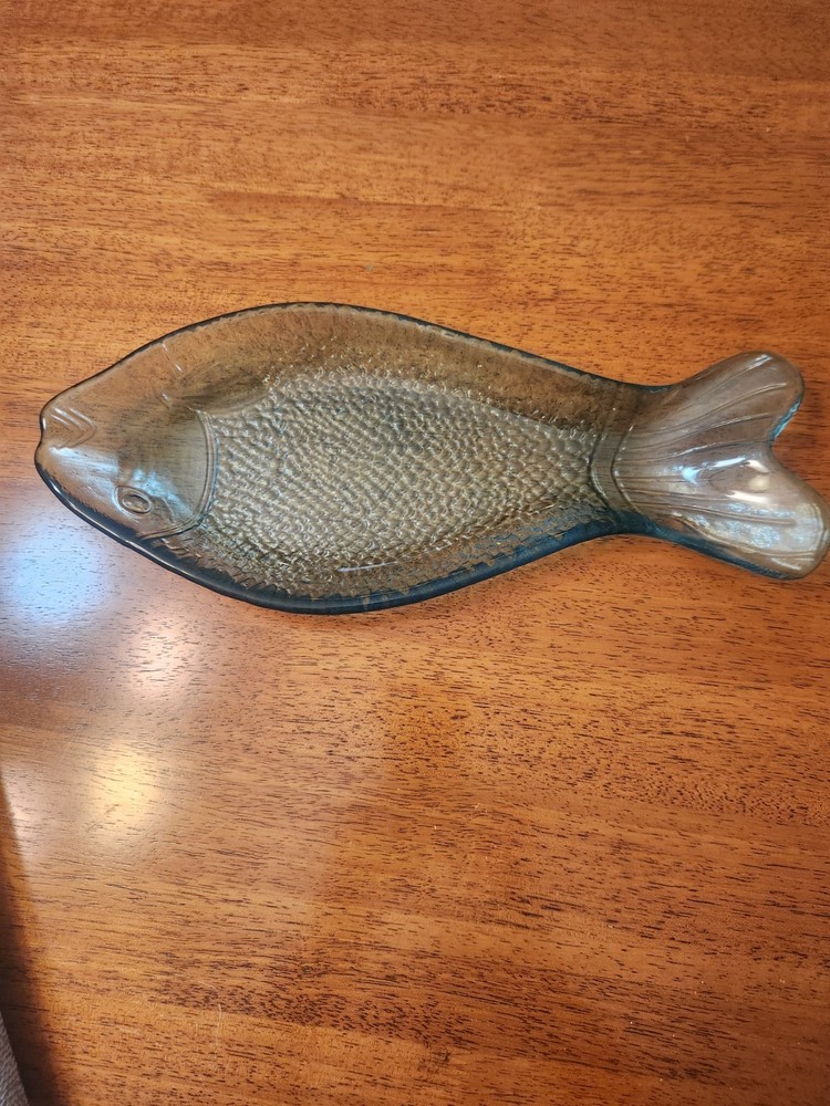 Fish Serving Appetizer Plate Clear Blue Glass Embossed Tray