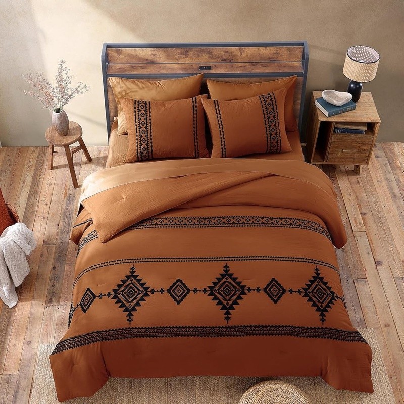 King Size 7 Piece Comforter Set Soft Polyester Boho Embroidery Farmhouse Bedding