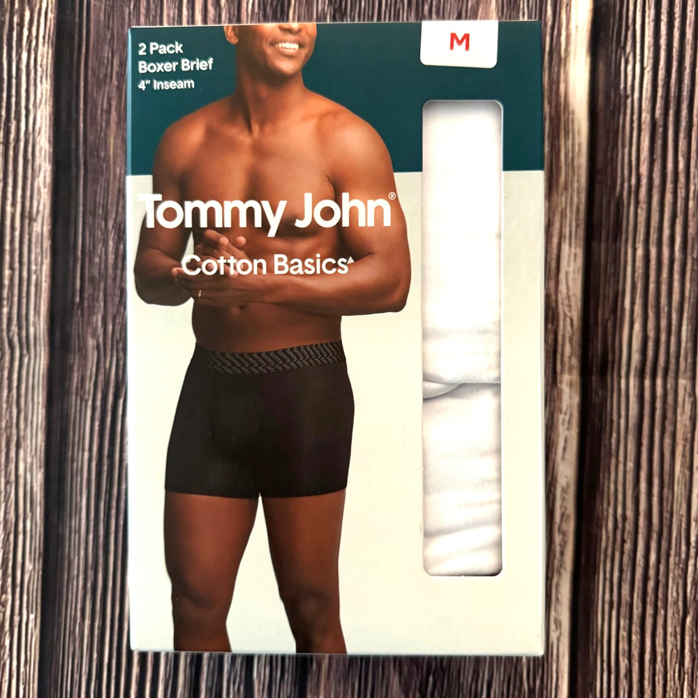 Tommy John Mens Cotton Basics 2 Pack Boxer Briefs Solid White 4” Inseam Medium
