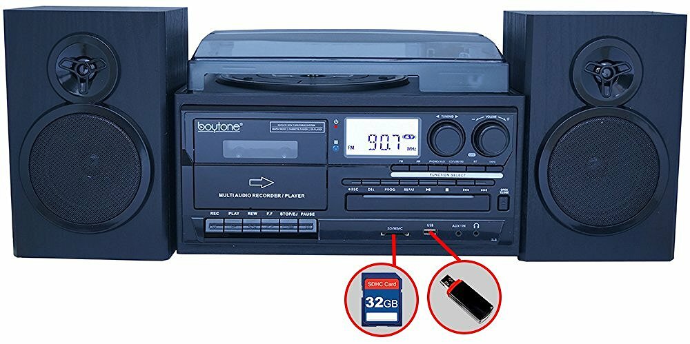 Boytone BT-28SPB Record Turntable System with Bluetooth CD Cassette Black
