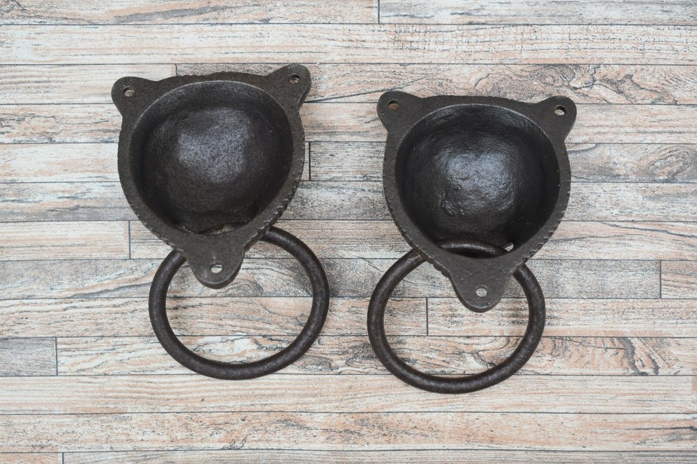 2p Vtg Cast Iron Panda Bear Door Gate Cabinet Cupboard Pull Drop Handle Knocker