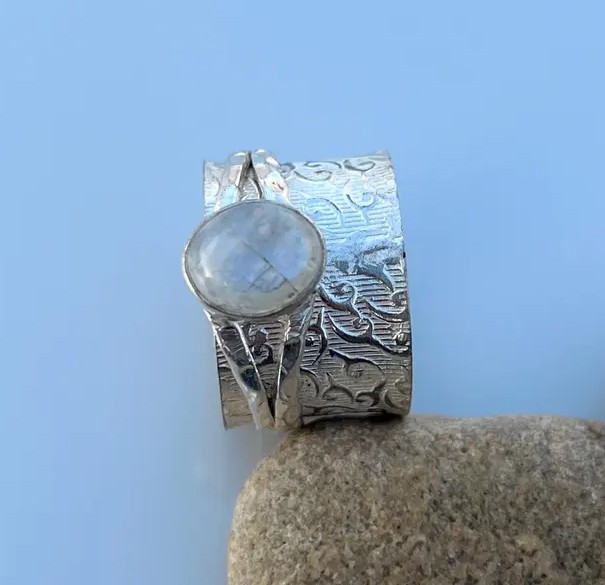 Solid 925 Sterling Silver Natural Rainbow Moonstone Boho Wide Band Spinner Ring