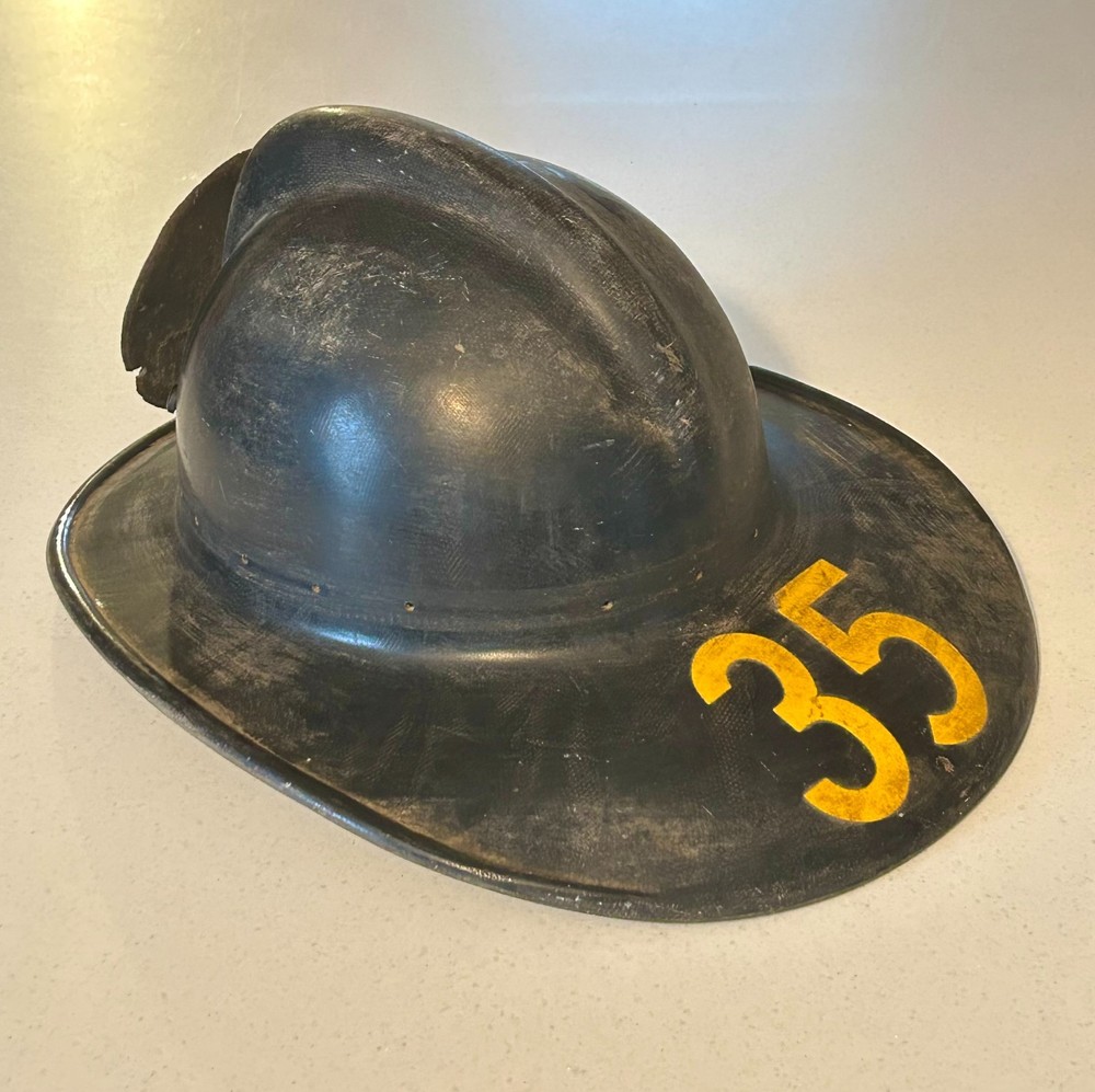 Vintage Cairns Fireman Helmet With Leather Patch - Salty Solid Shell WFD MA