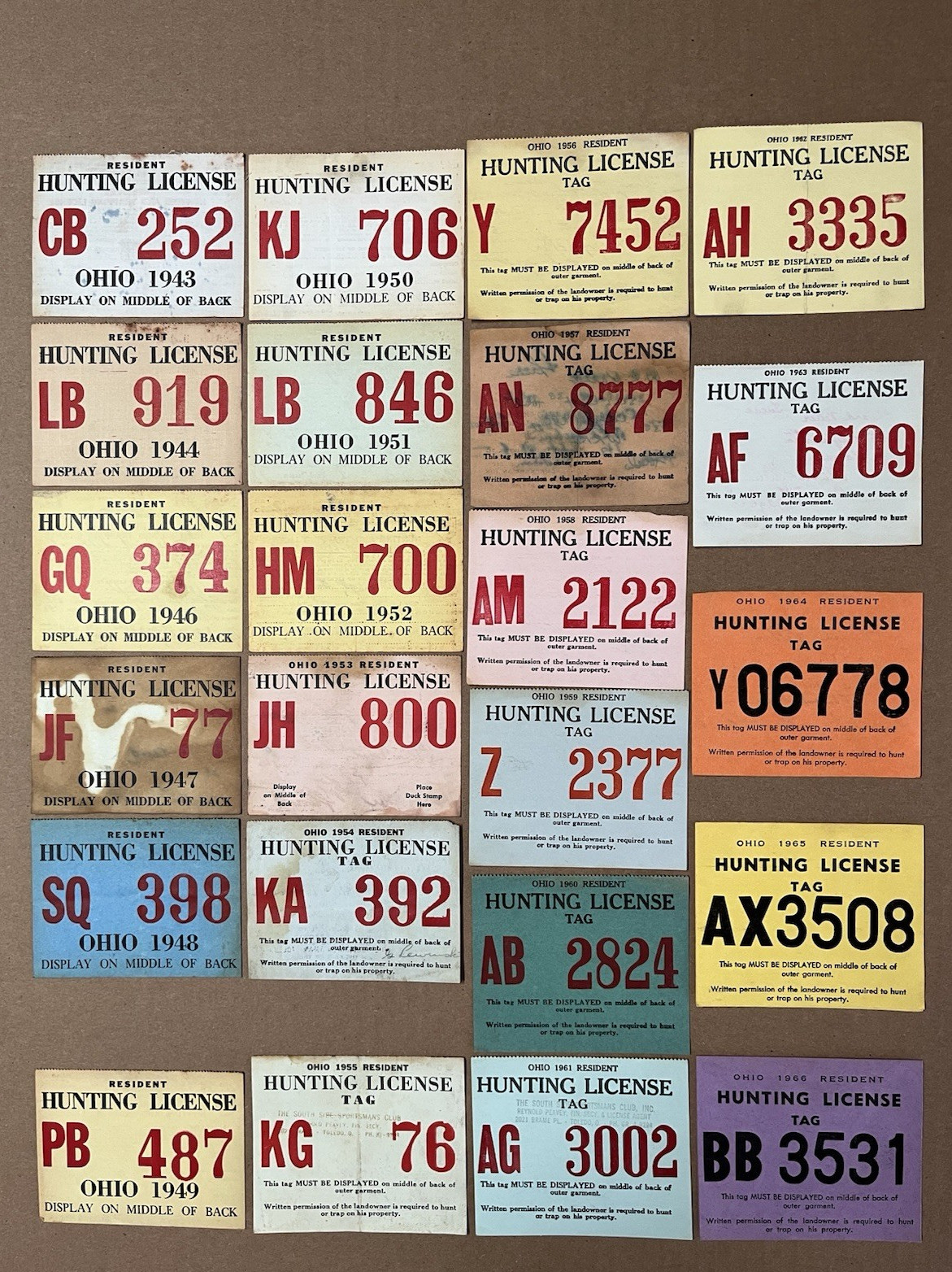 Vintage Lot of 36 Ohio Hunting License Tags & 1964 Regulations Publication