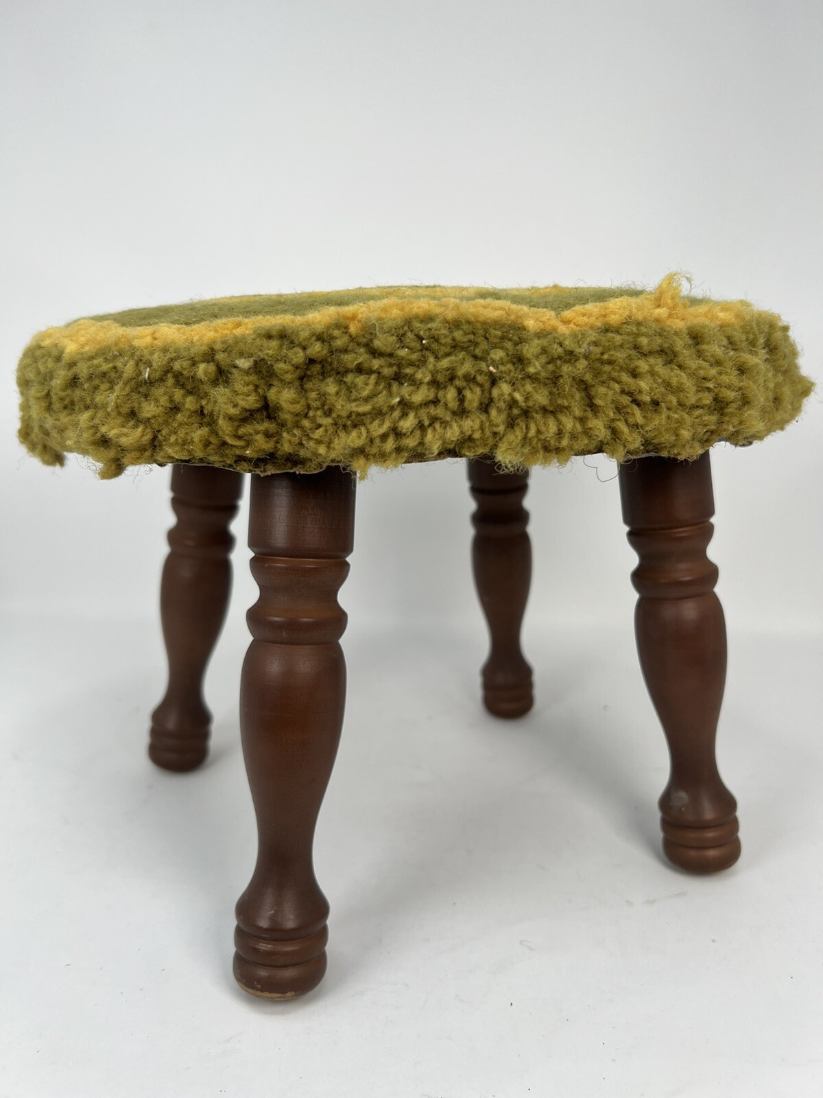 Vtg Round Footstool Floral Hooked Rug Top Wooden Legs MCM 8.75 x 12” Avacado