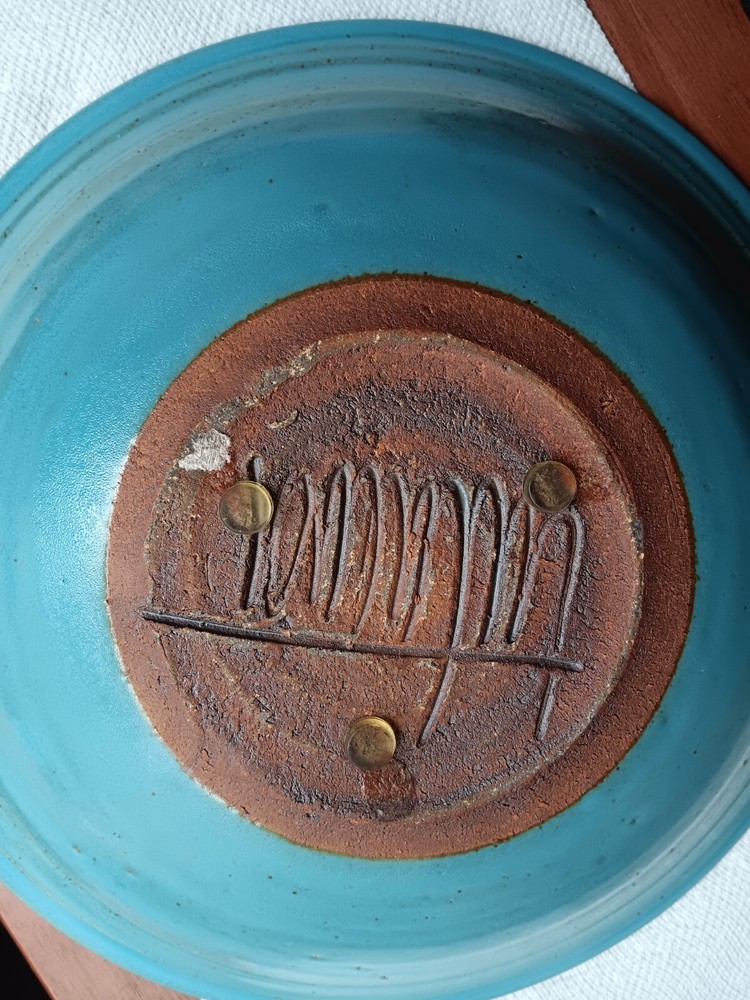pottery blue and brown bowl signed. 231