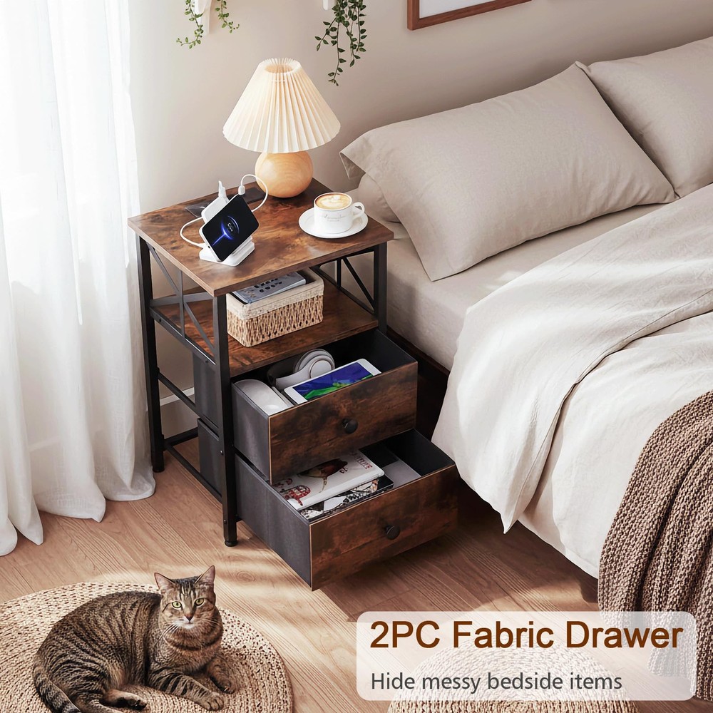 2-Piece Rustic Bedside Nightstand Set with LED USB Charging, Fabric Drawer