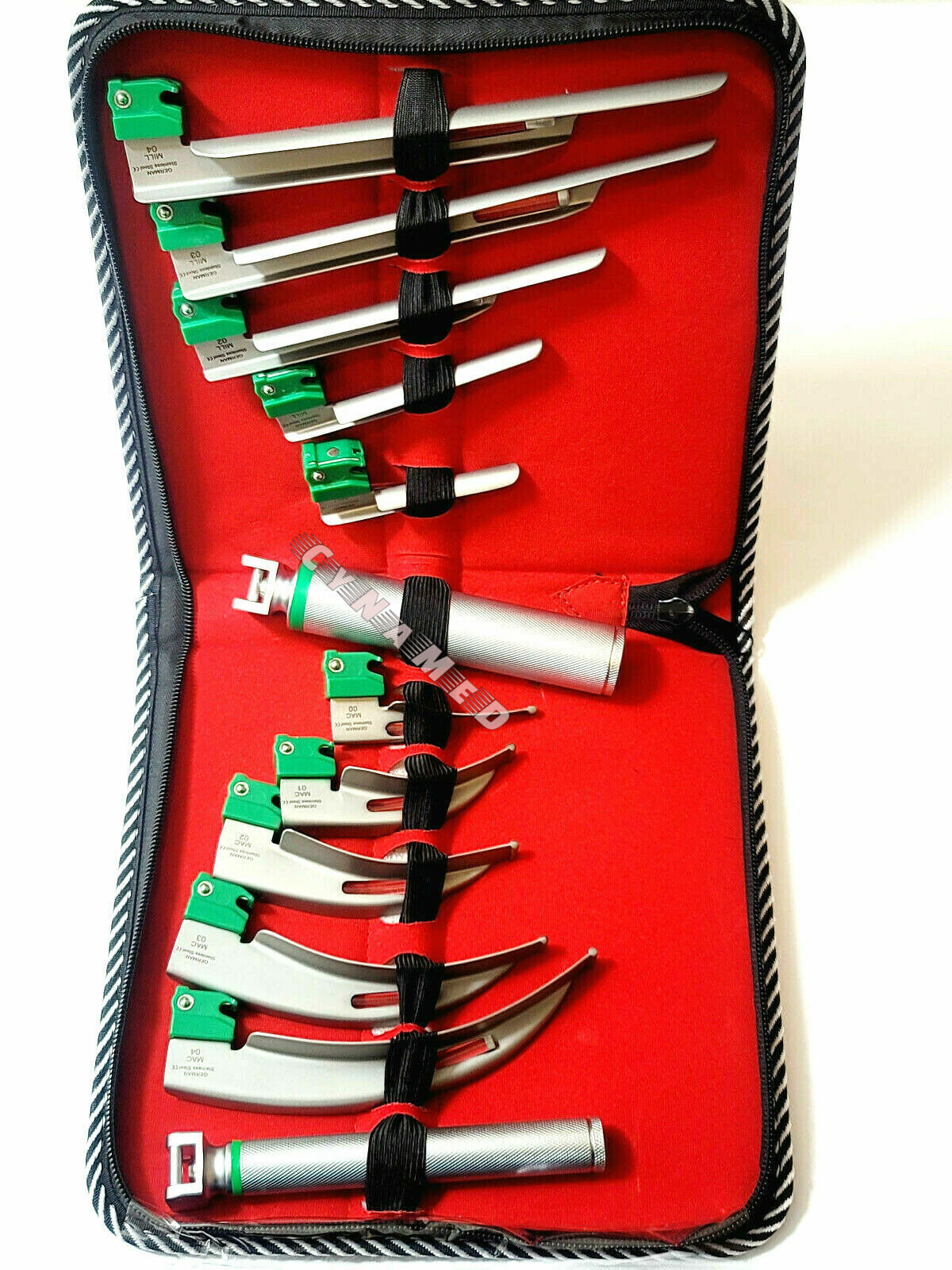 SET OF 10 FIBER OPTIC MAC & MILLER LARYNGOSCOPE BLADE+2 HANDLE INTUBATON kit