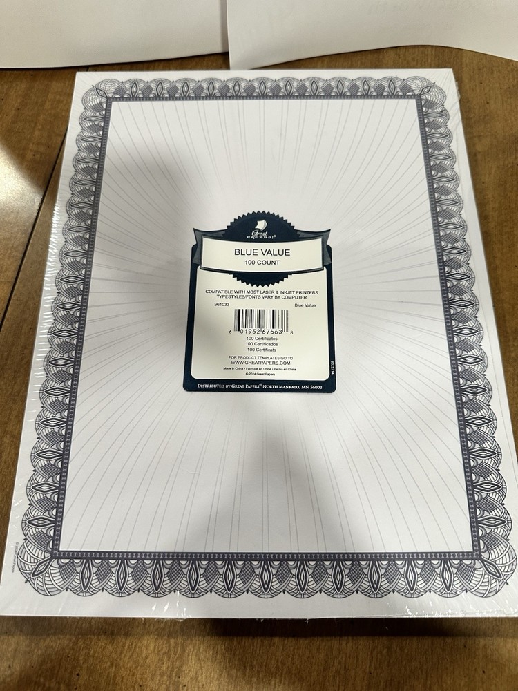 Blue Value 100 Count Certificate Paper