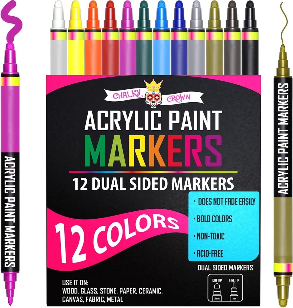 Vibrant 12-Pack Acrylic Paint Markers - Dual Tip for Ultimate Creativity