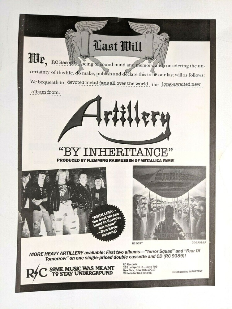 ARTILLERY / FLEMMING RONSDORF / 1990 BY INHERITANCE LP / ALBUM MAGAZINE PRINT AD