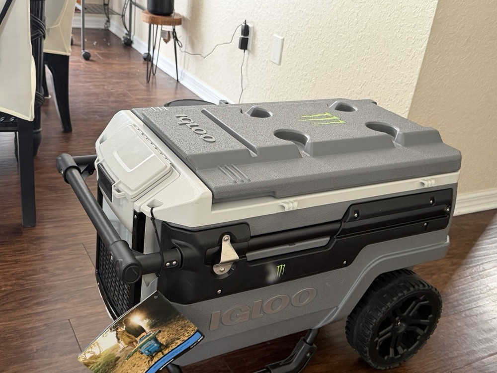 Igloo Wheeled Cooler Box Gray with Tray, Bottle Opener, Cup Holders, Pull Handle