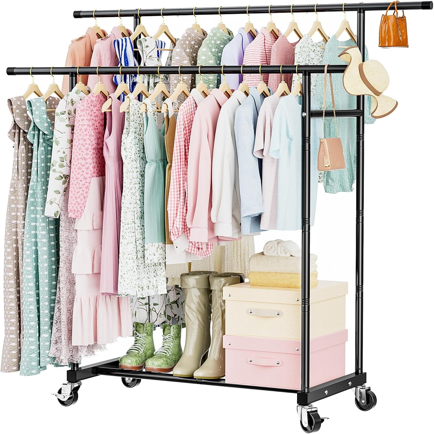 Abiglifty Double Rods Clothes Rack for Hanging Clothes Clothing Rack with Wheels